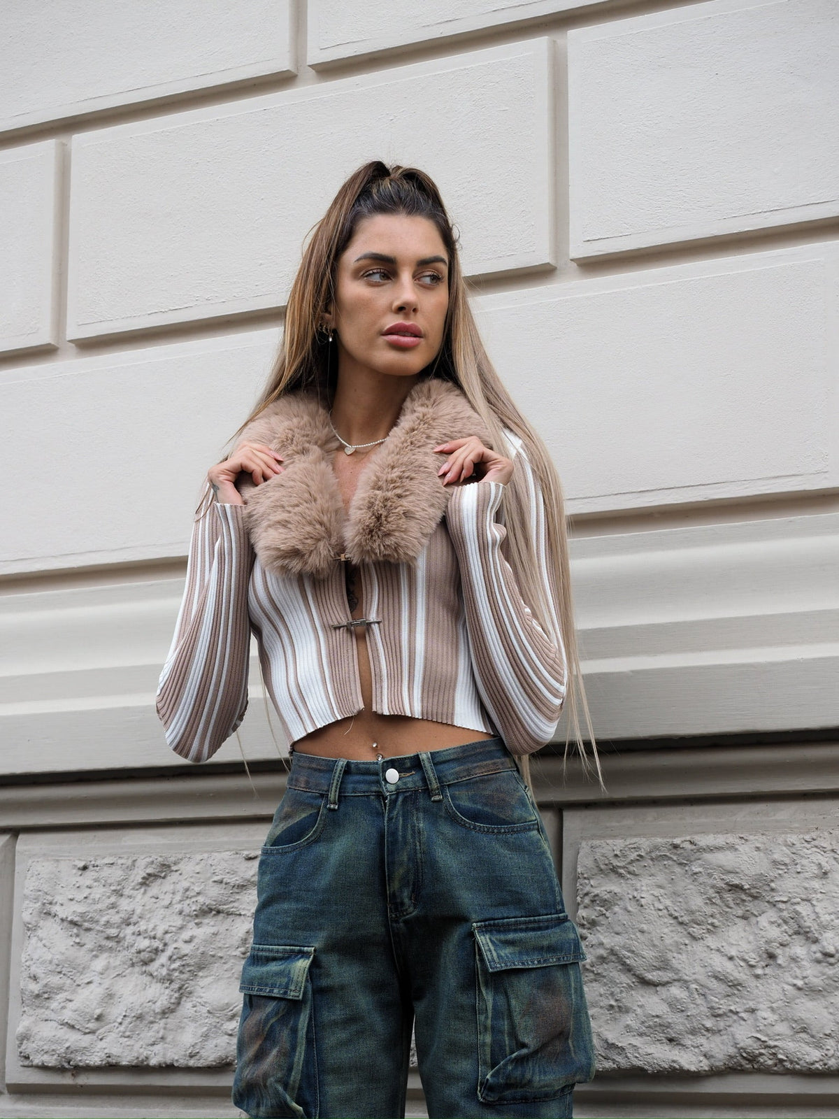 Maglione con pelliccia camel