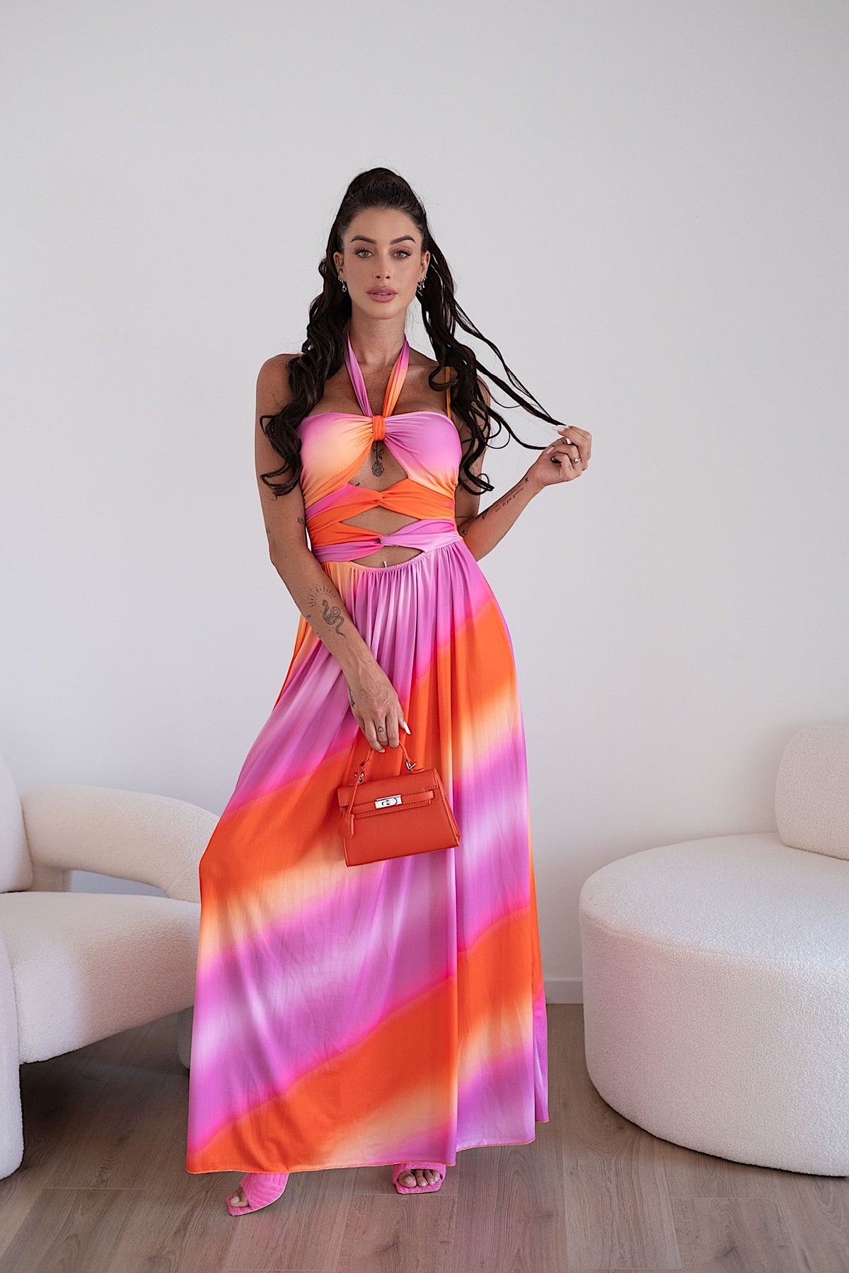 Abito lungo Fuxia arancio con incrocio