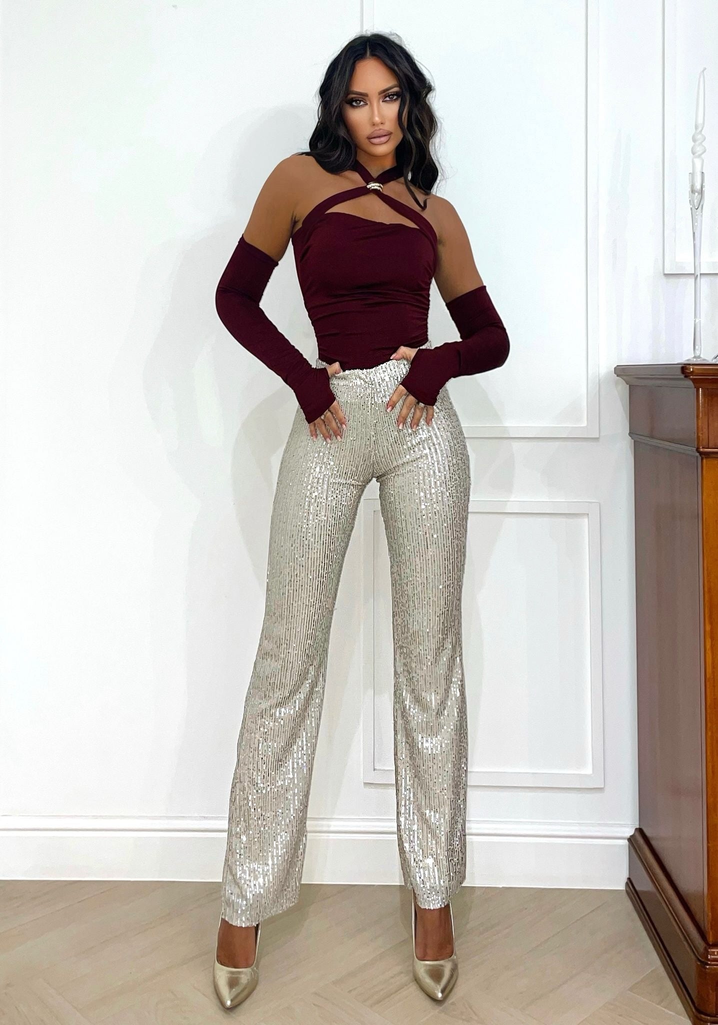 Pantalone in paillettes platino