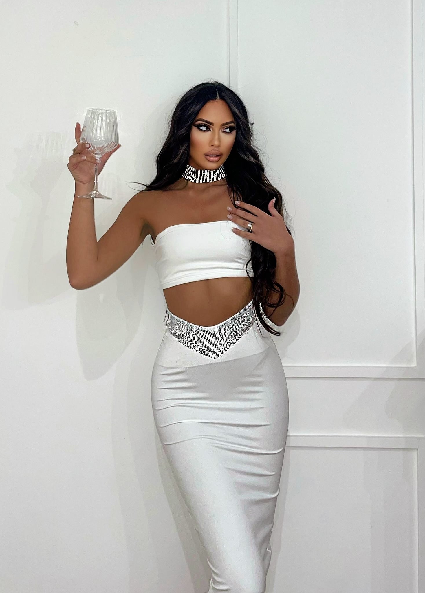 Completo top e gonna bianco con strass