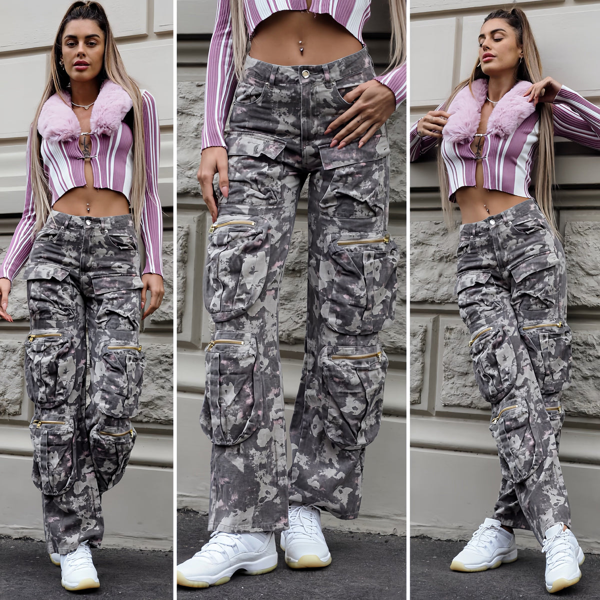 Cargo maxi con tasconi mimetico con rosa