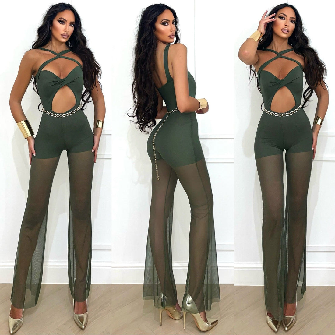 Tuta verde militare con incroci e pantalone con trasparenze