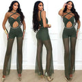 Tuta verde militare con incroci e pantalone con trasparenze