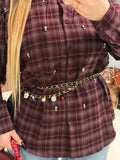 Camicia a quadri bordeaux con strass