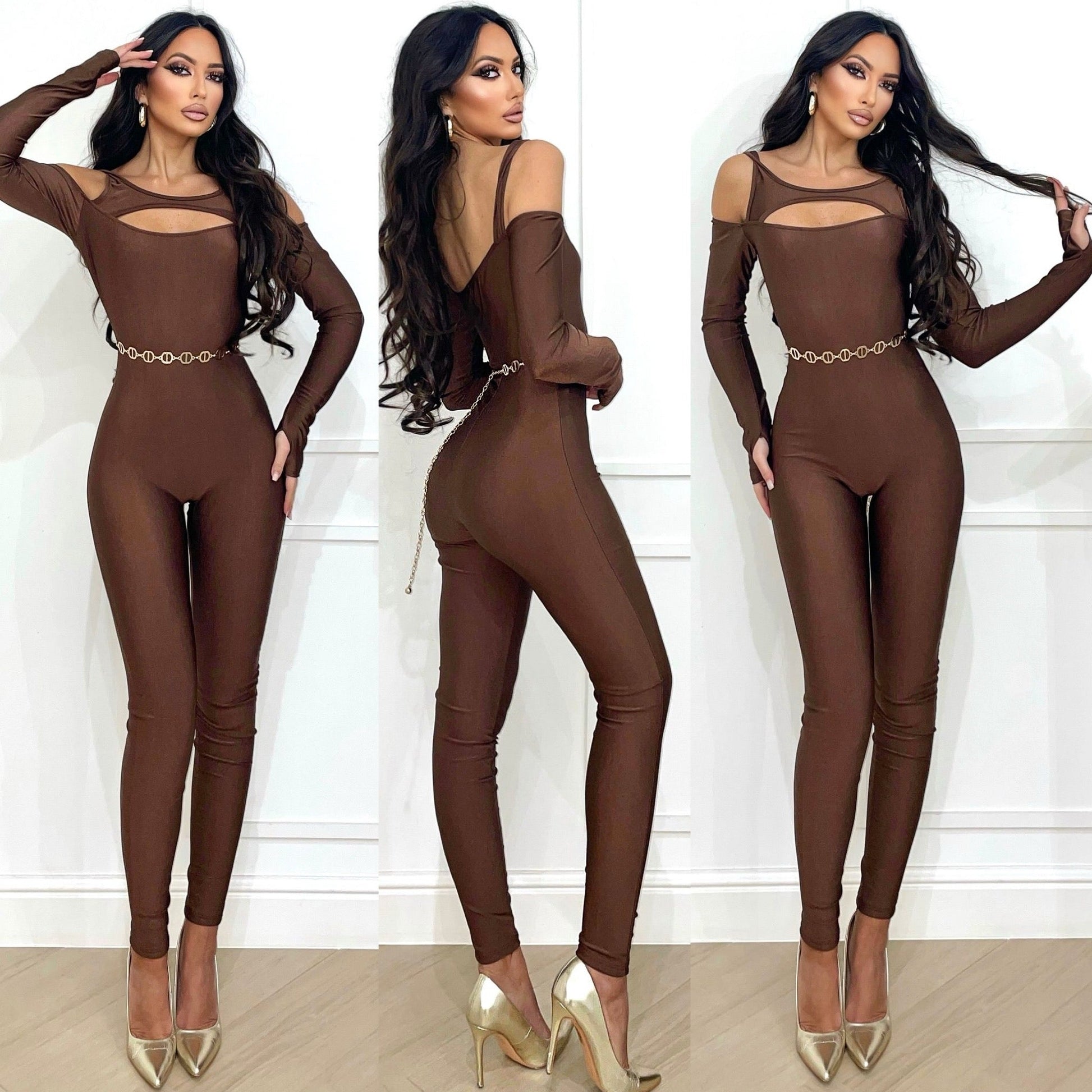 Tuta aderente con spacco brown