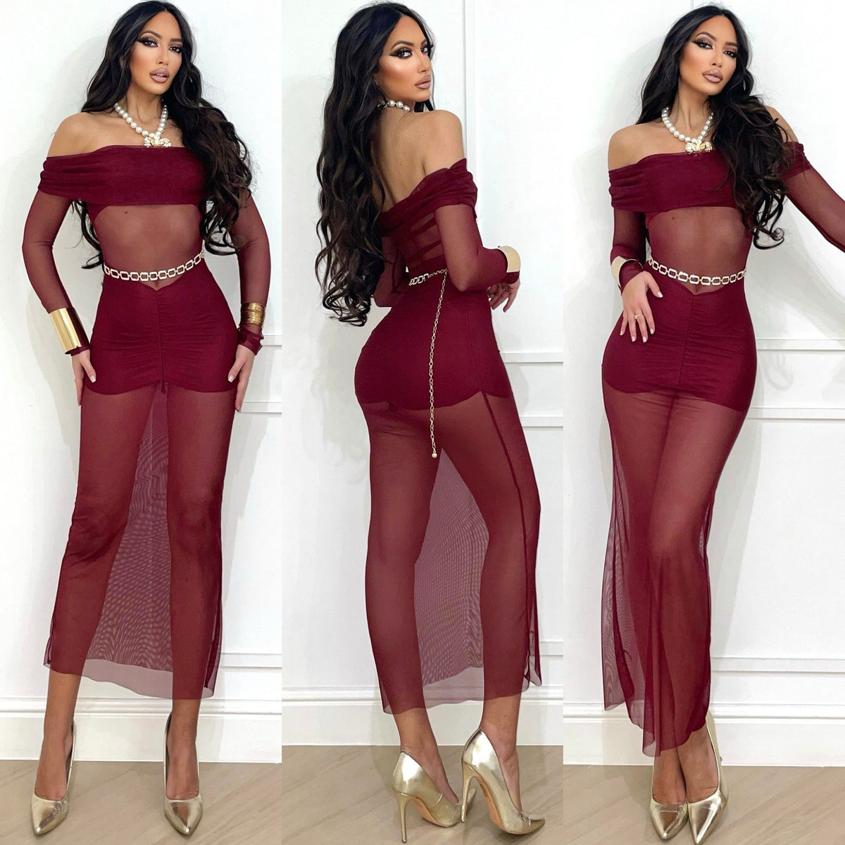 Abito bordeaux con trasparenza