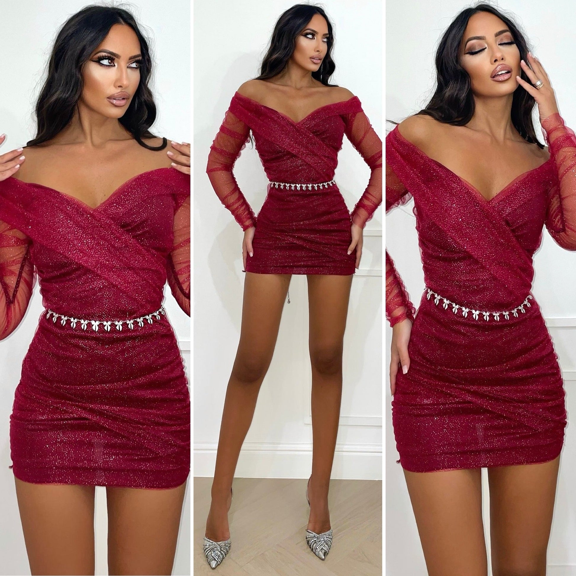 Abito bordeaux glitter con scollo