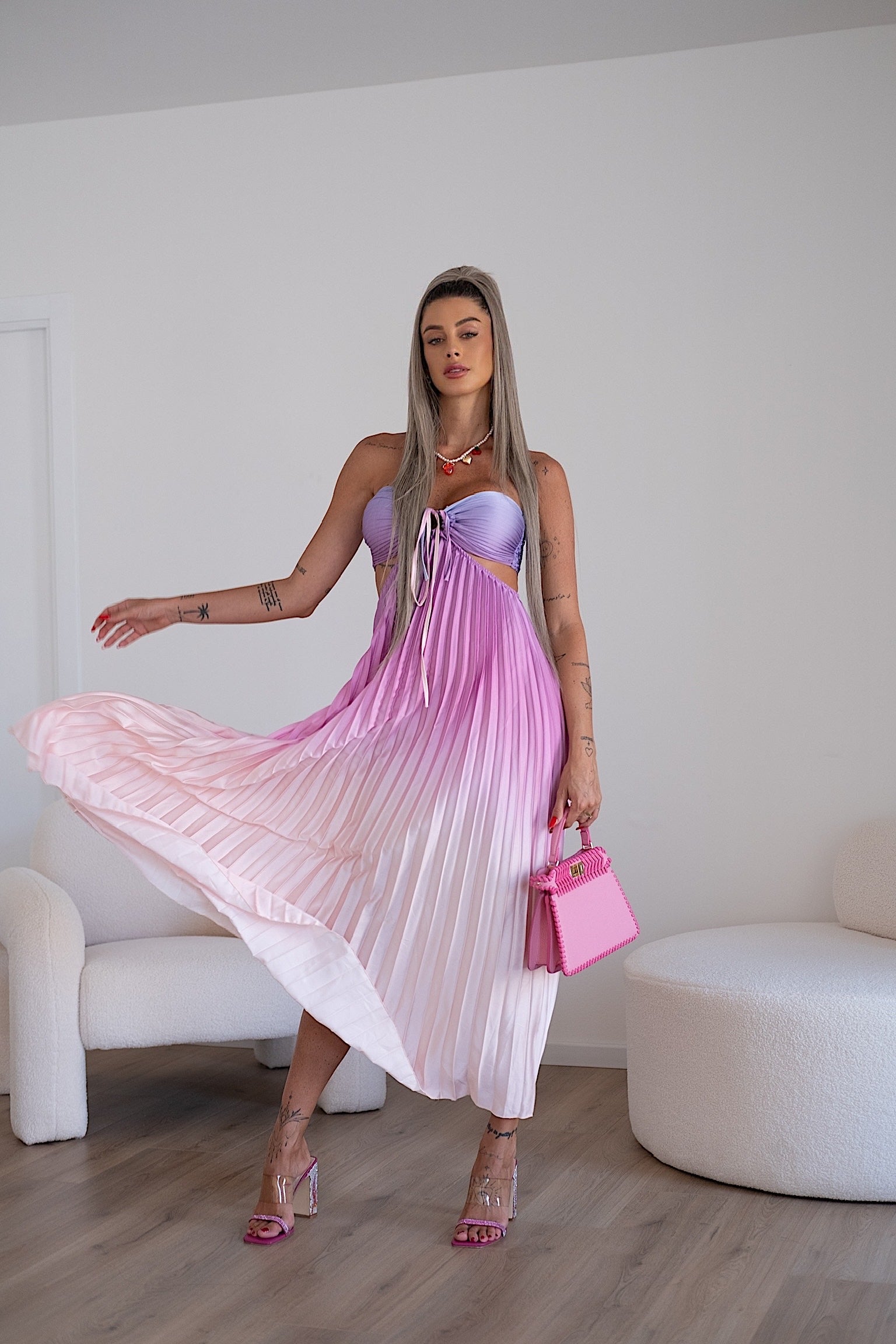 Abito a fascia plissè rosa Lilla