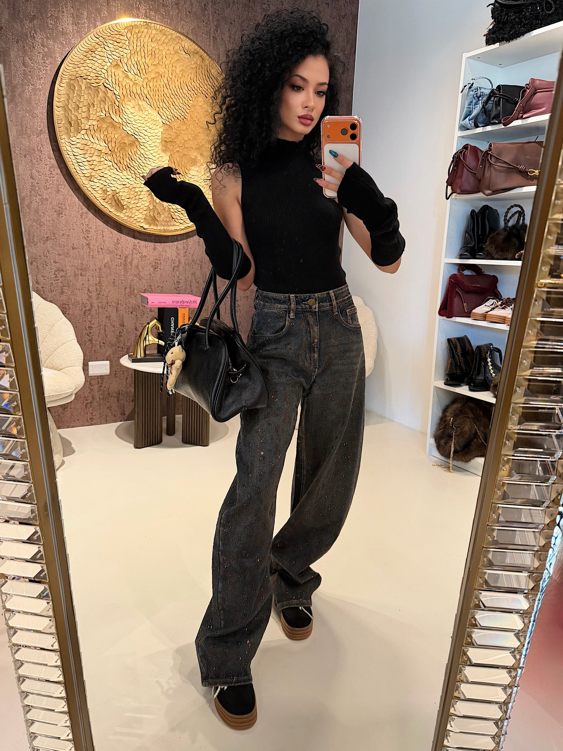 Jeans Balloon Fit con Stampa Animalier e Strass