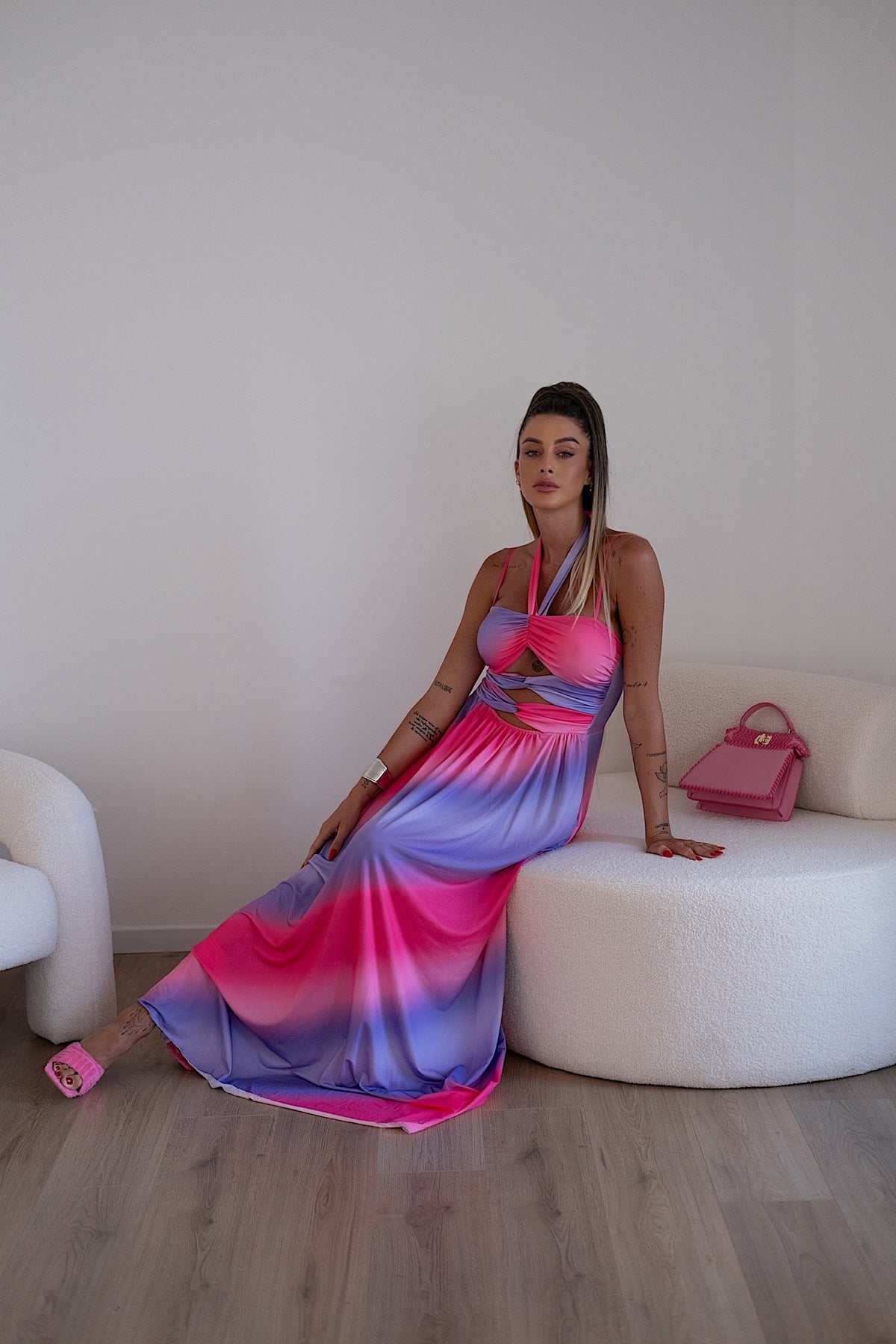 Abito lungo Fuxia azzurro lilla  con incrocio