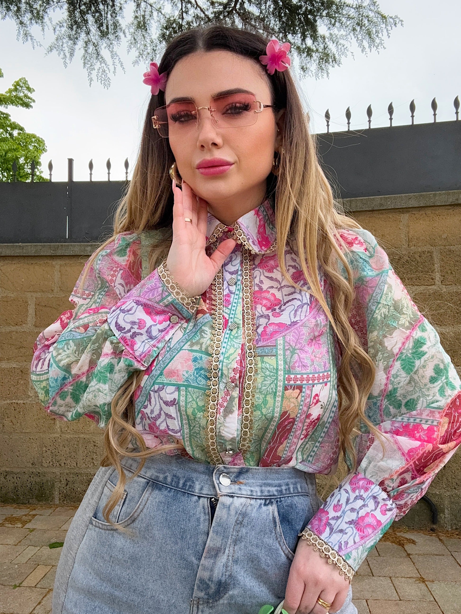 Camicia verde Fuxia con dettaglio oro
