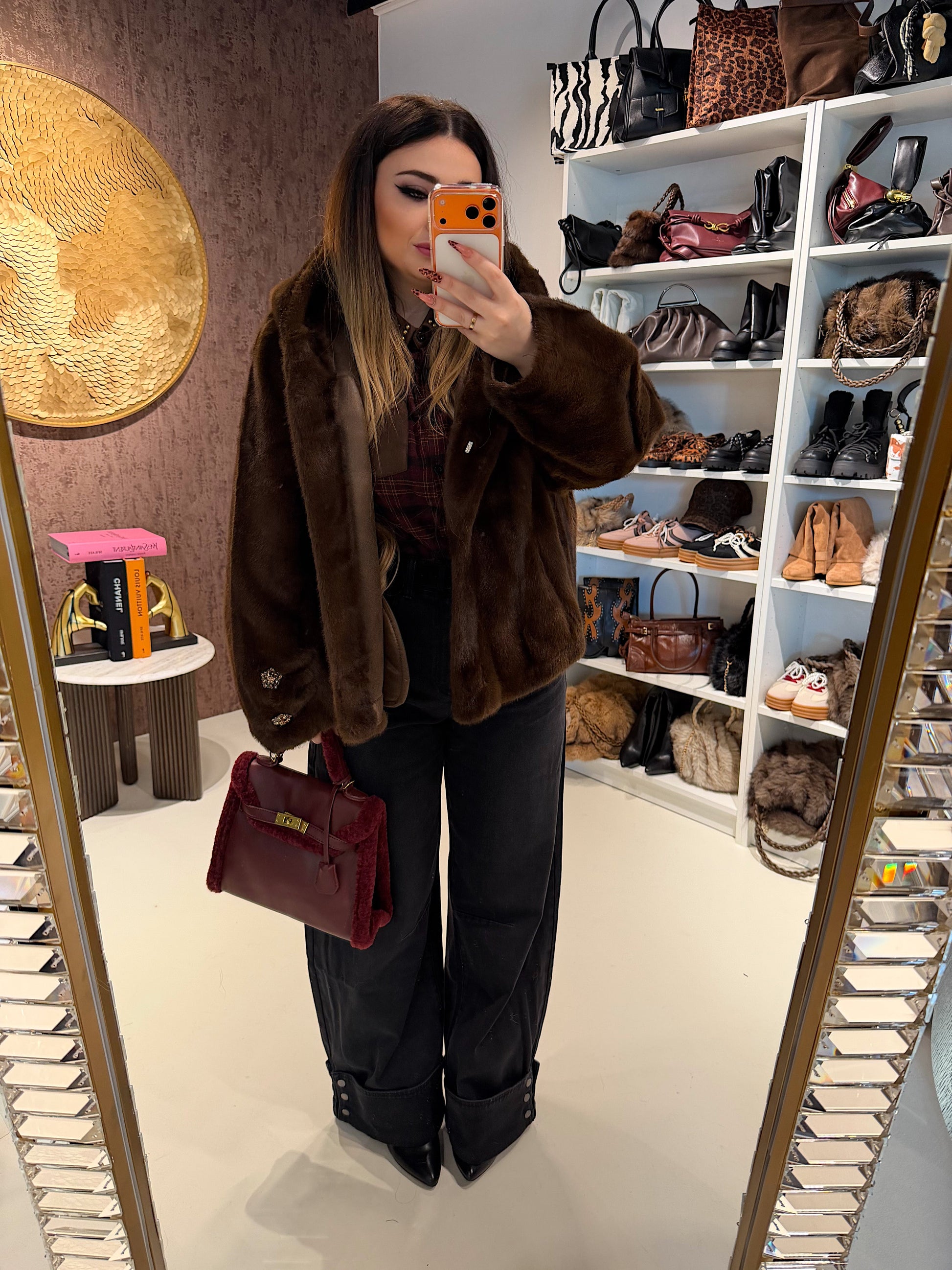 Giacca Pelliccia Elegance bordeaux e marrone