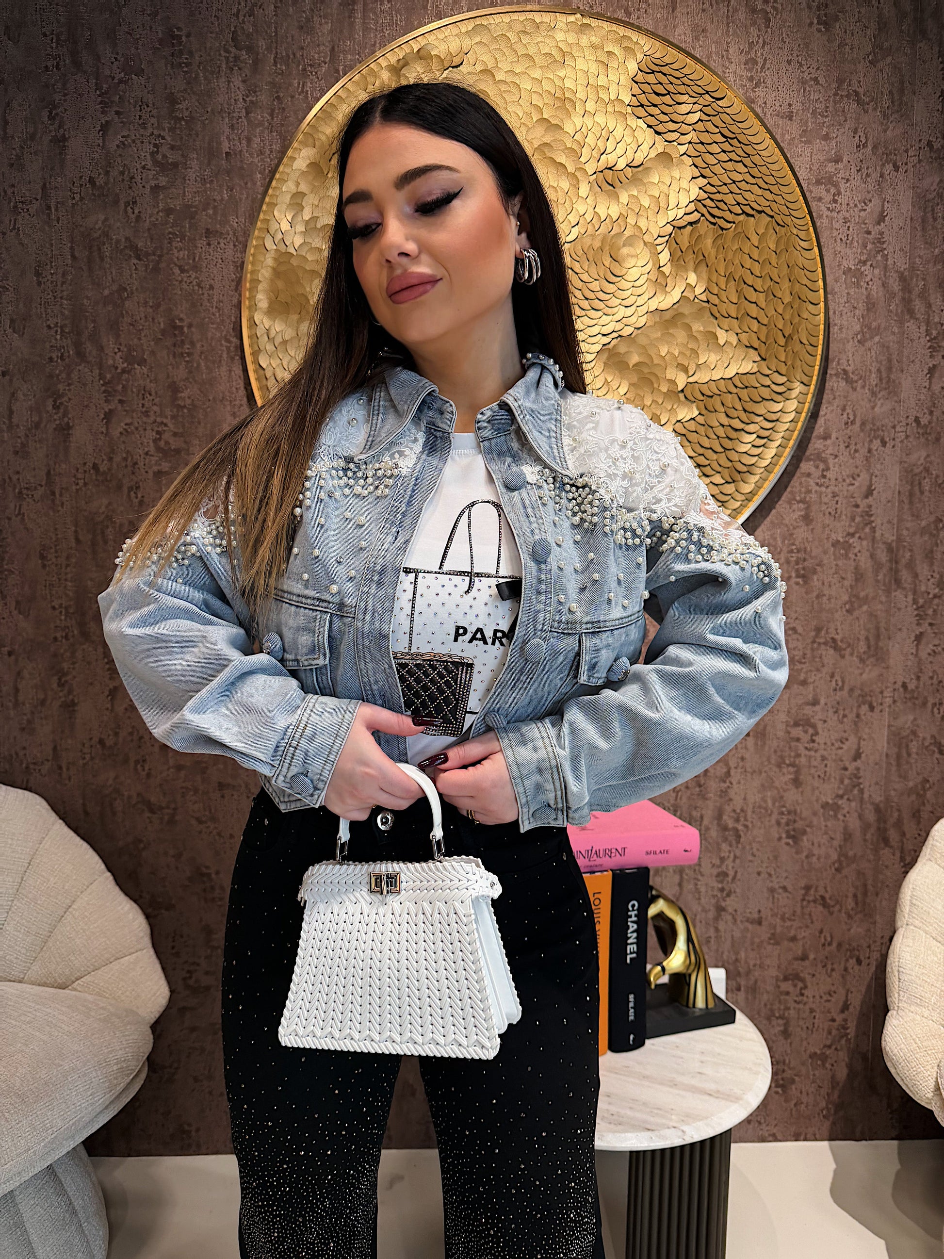 Giacca Denim Pearl Lace Cropped