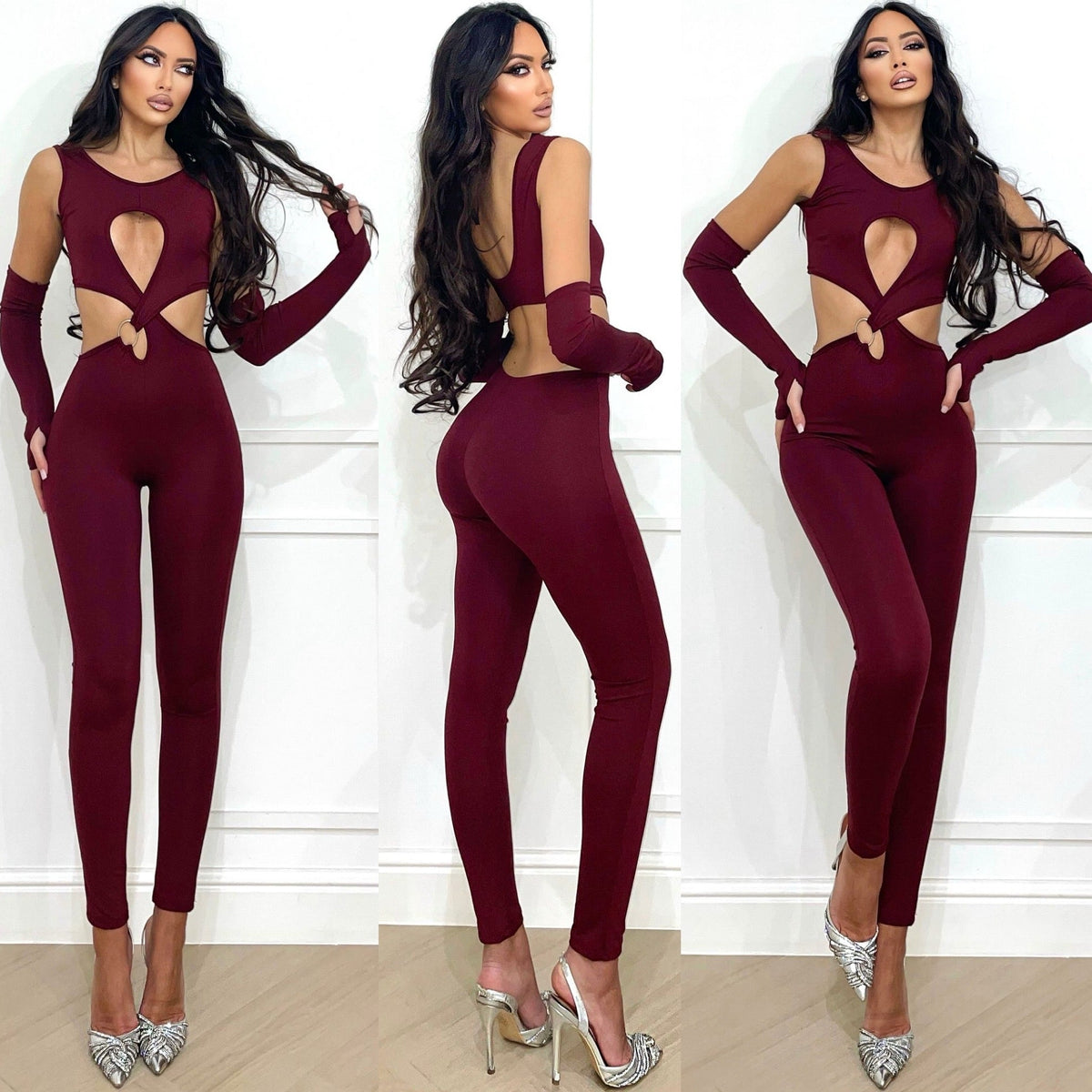 Tuta aderente con incrocio bordeaux