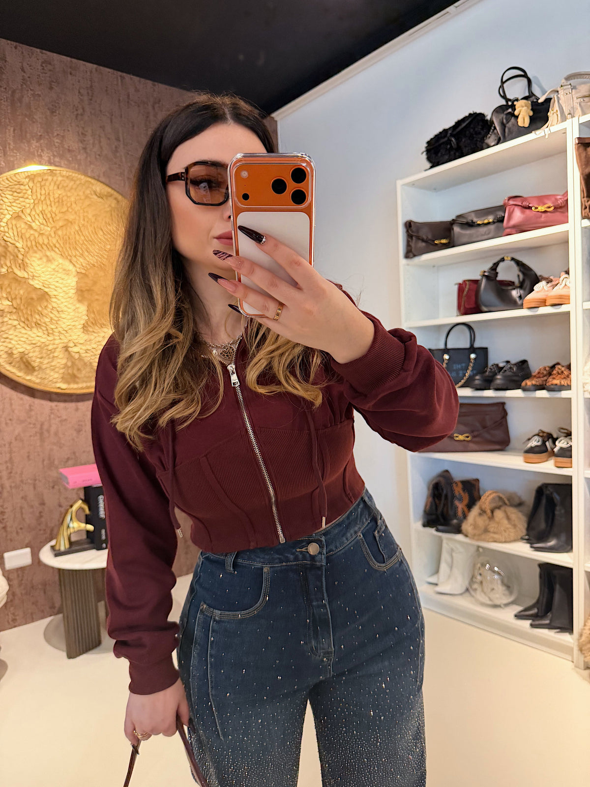 Felpa Cropped con zip e cappuccio