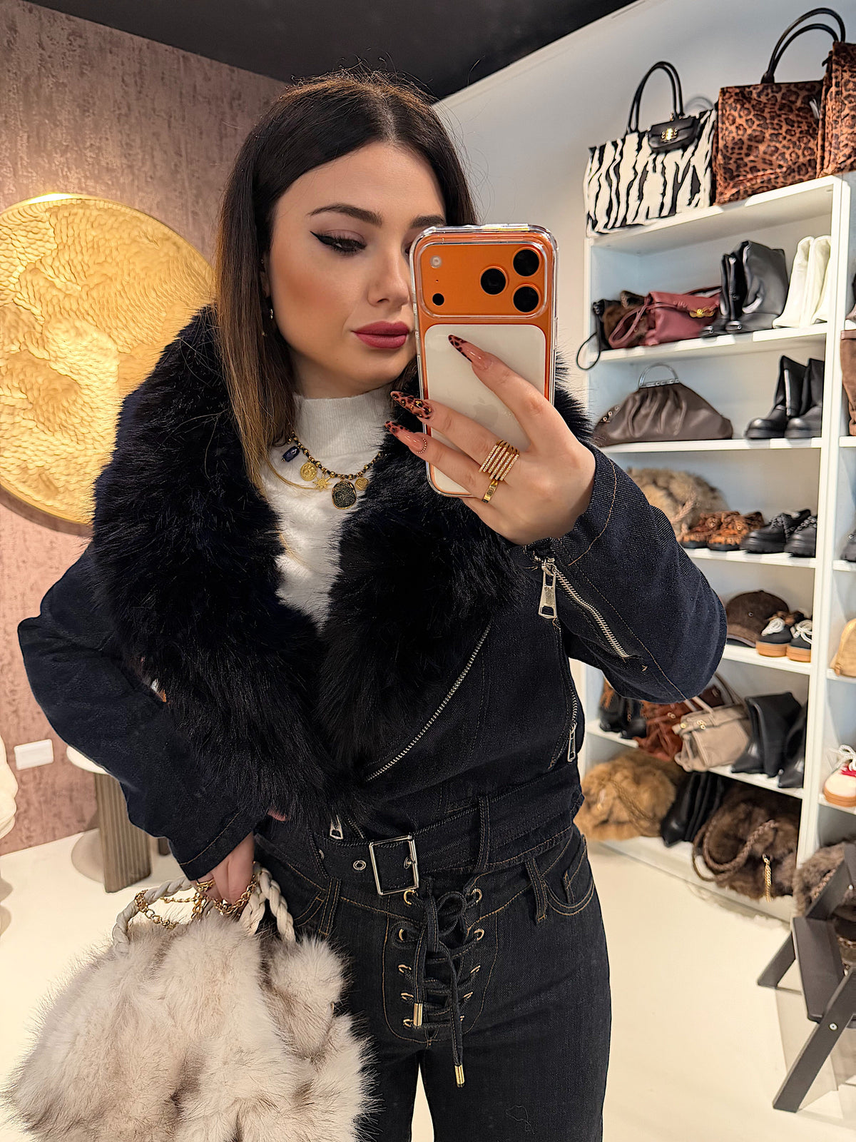 Giacca Denim Luxury Fur Navy