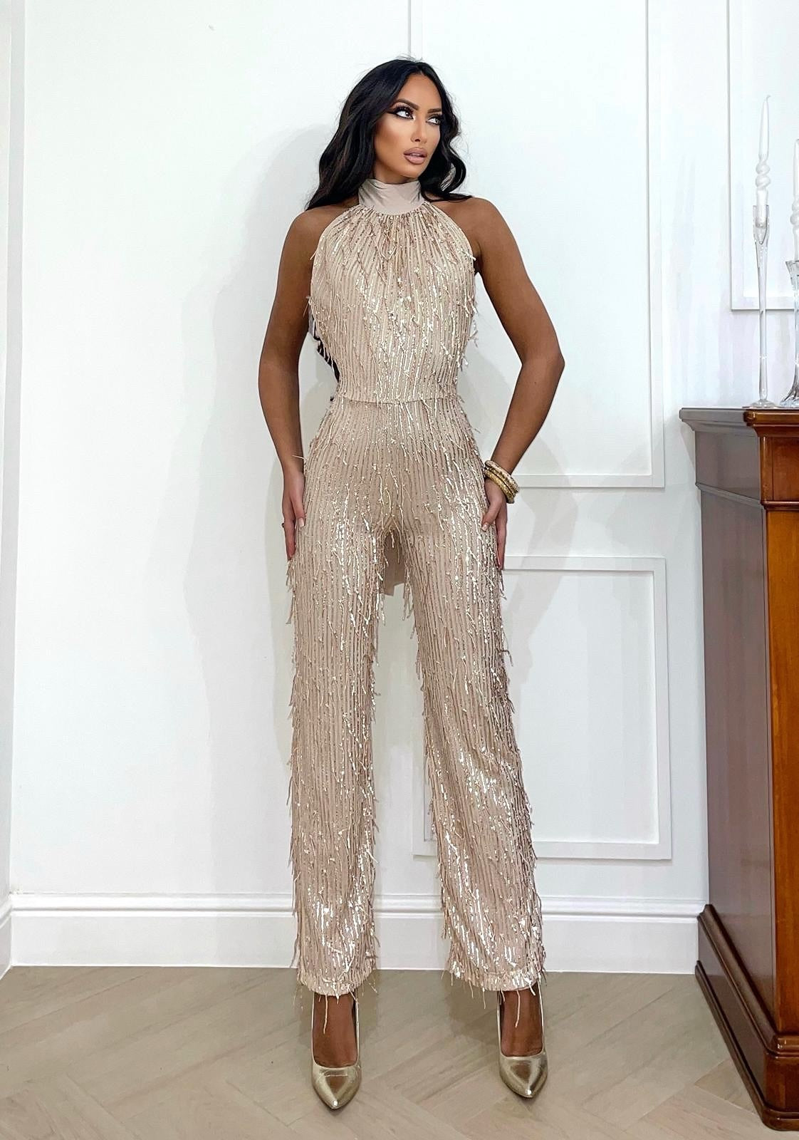 Tuta con frange in paillettes rose gold