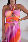 Abito lungo Fuxia arancio con incrocio