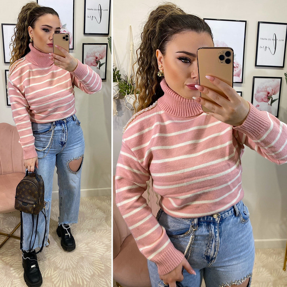 Pull rosa spalla aperta e perle
