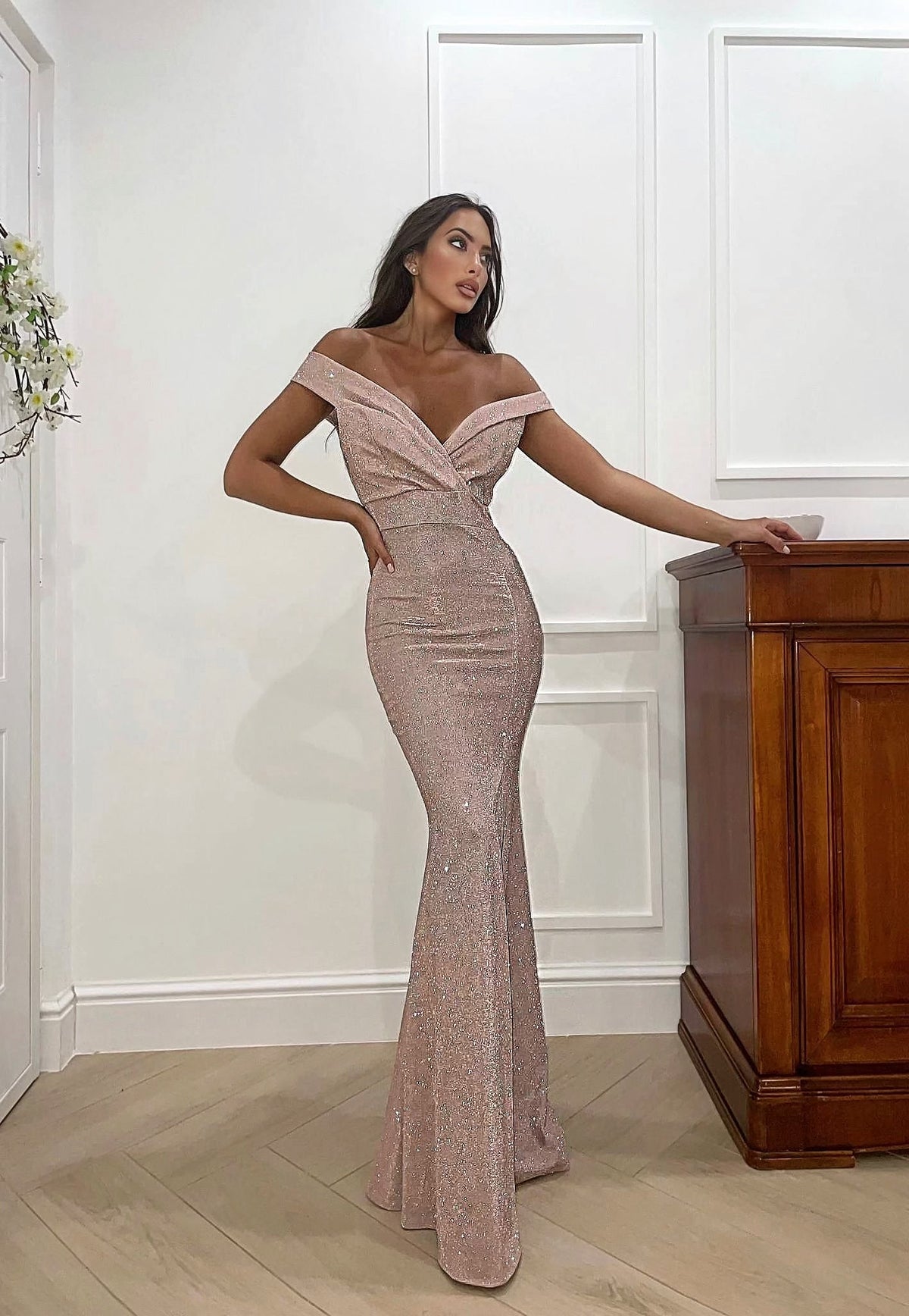 Dress Lungo con spacco per evento rosa gold