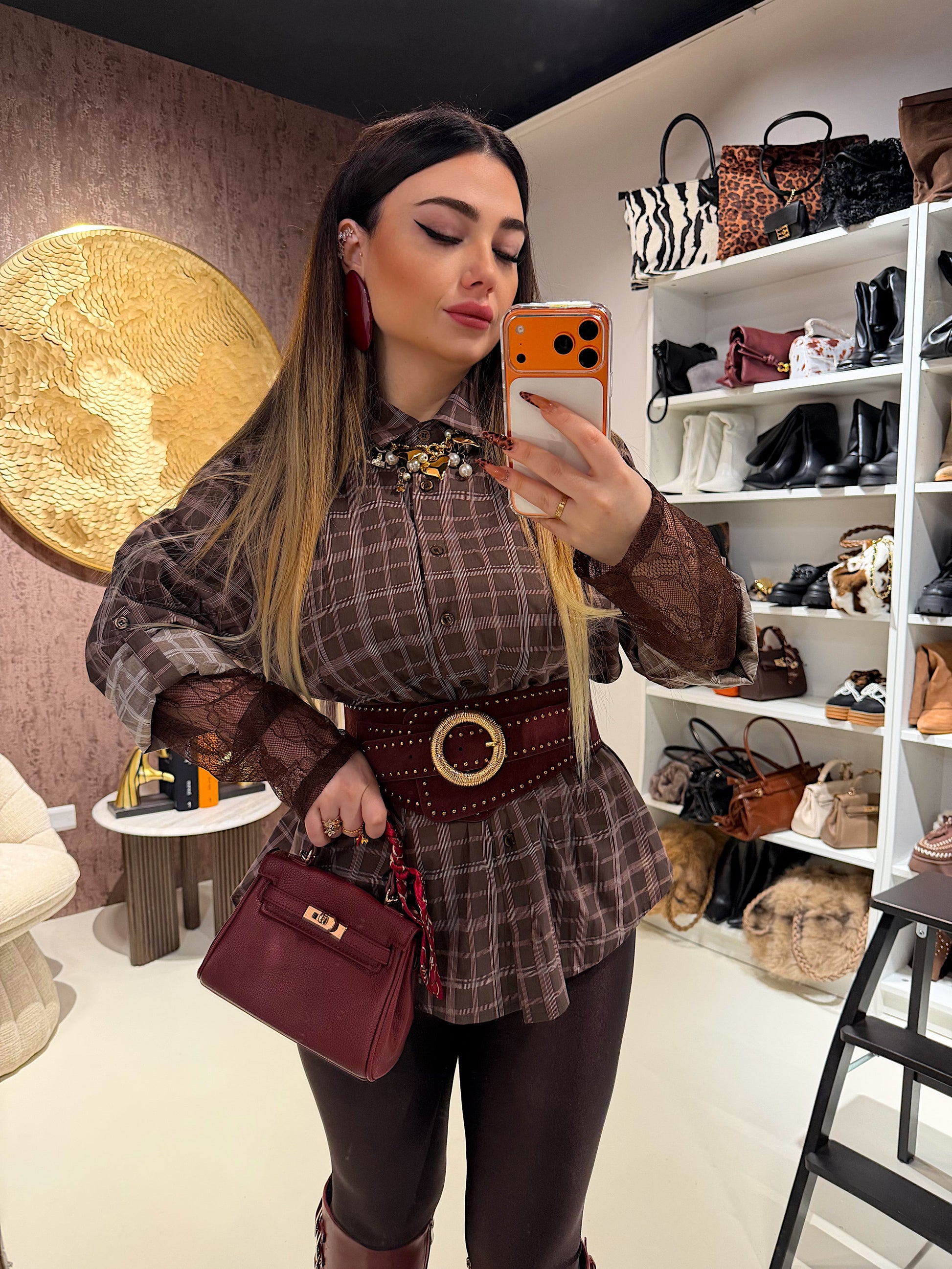 Camicia a quadri con polsino in pizzo