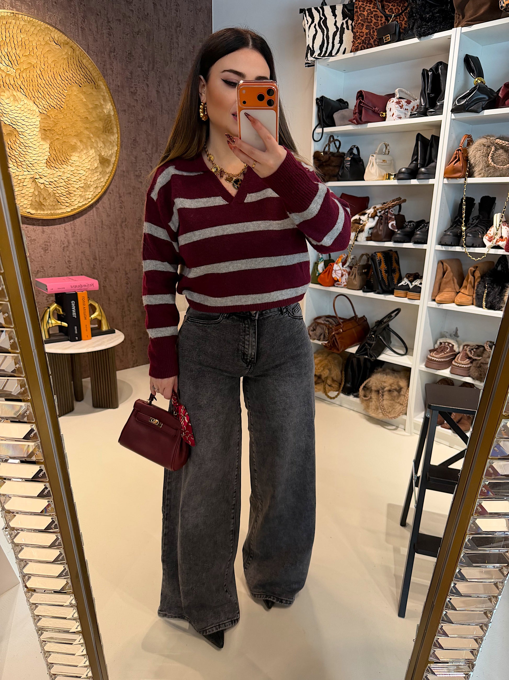 Maglione a righe bordeaux grigio