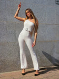 Tuta monospalla beige con cintura