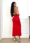 Abito Midi rosso con scollo e dettaglio oro