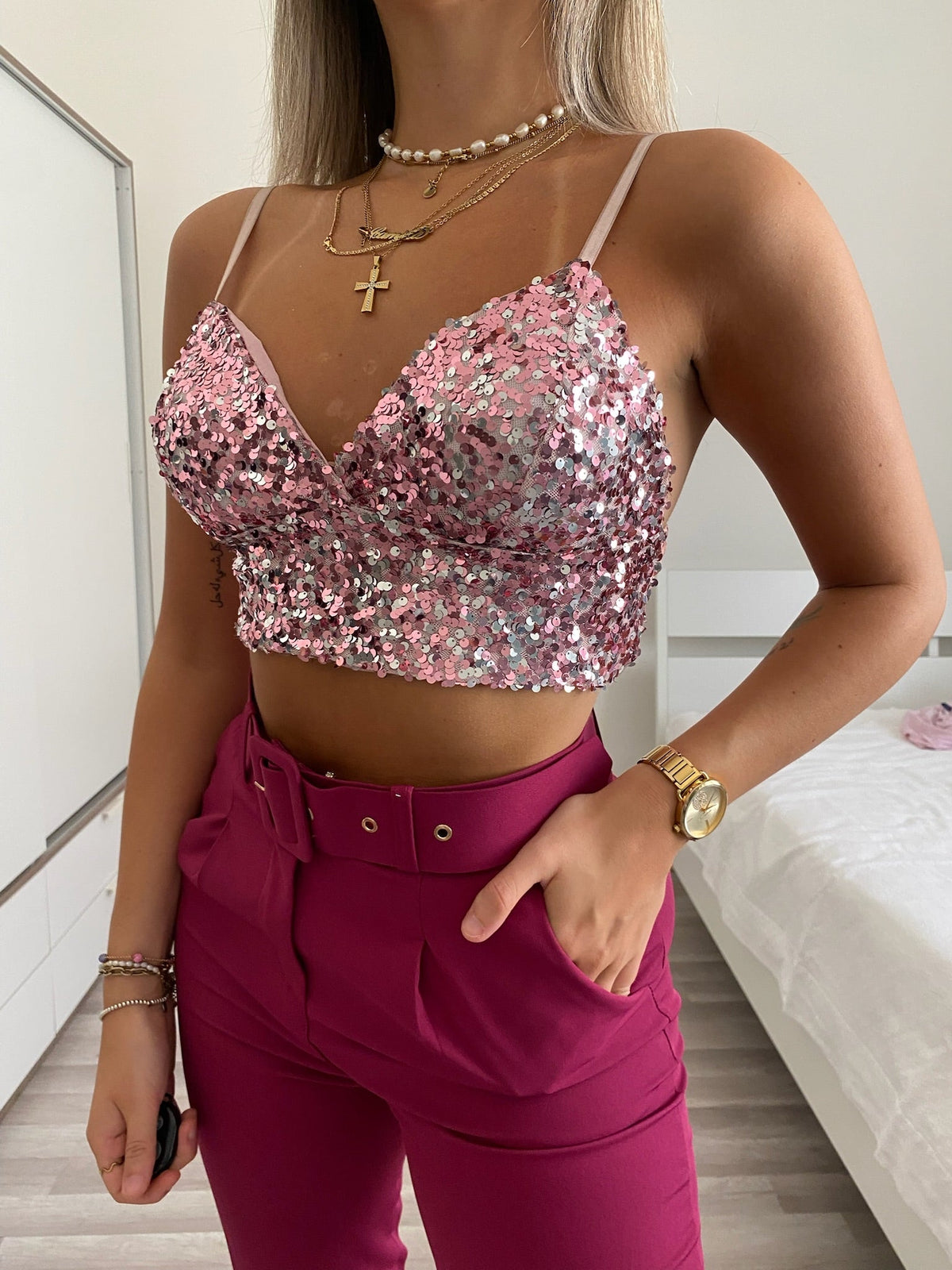 Top con paillettes rosa