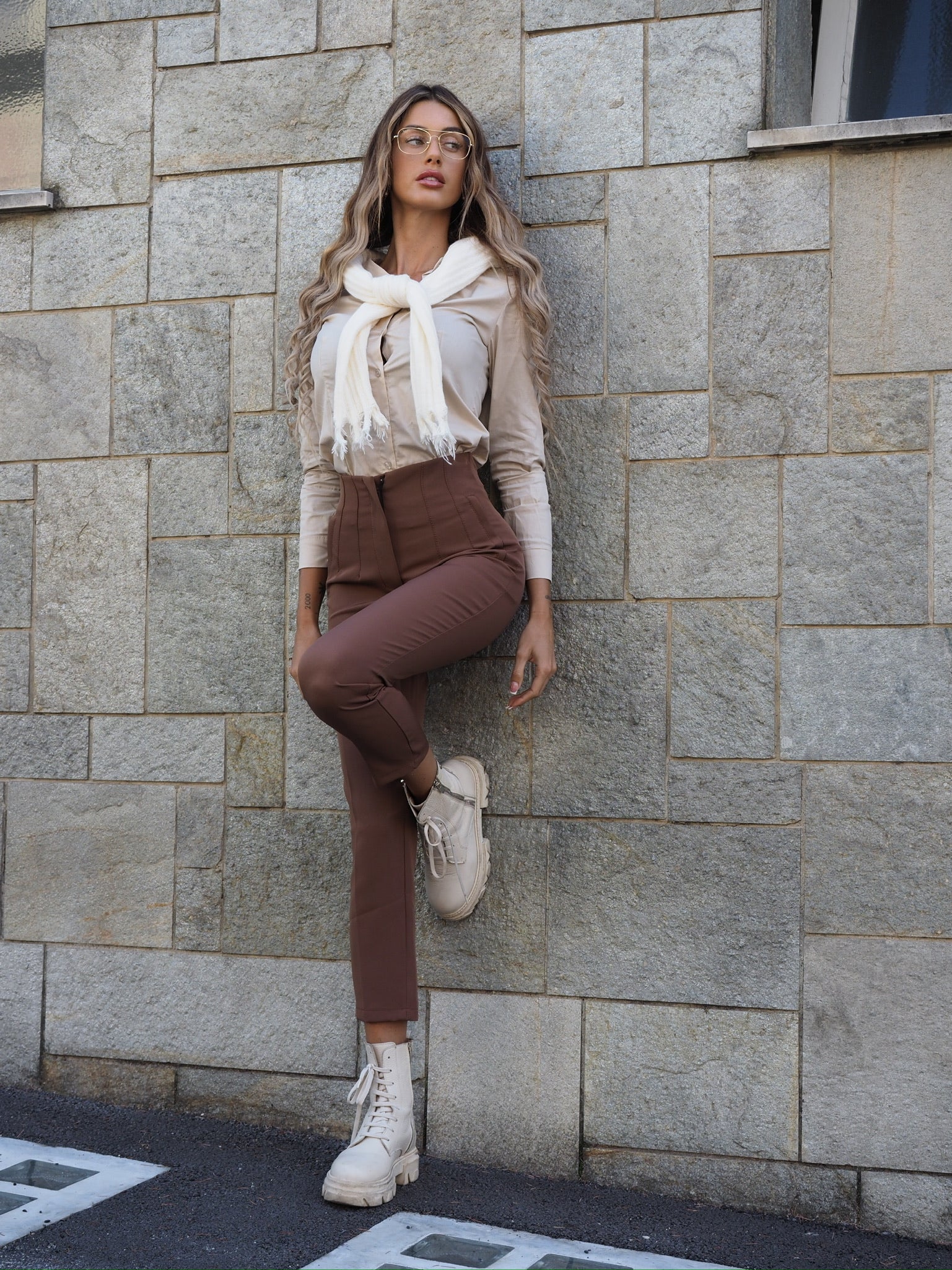 Pantalone vita alta choco