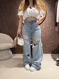 Jeans Wide Leg Strappi e Borchie
