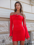 Abito con rose scollo a barca rosso