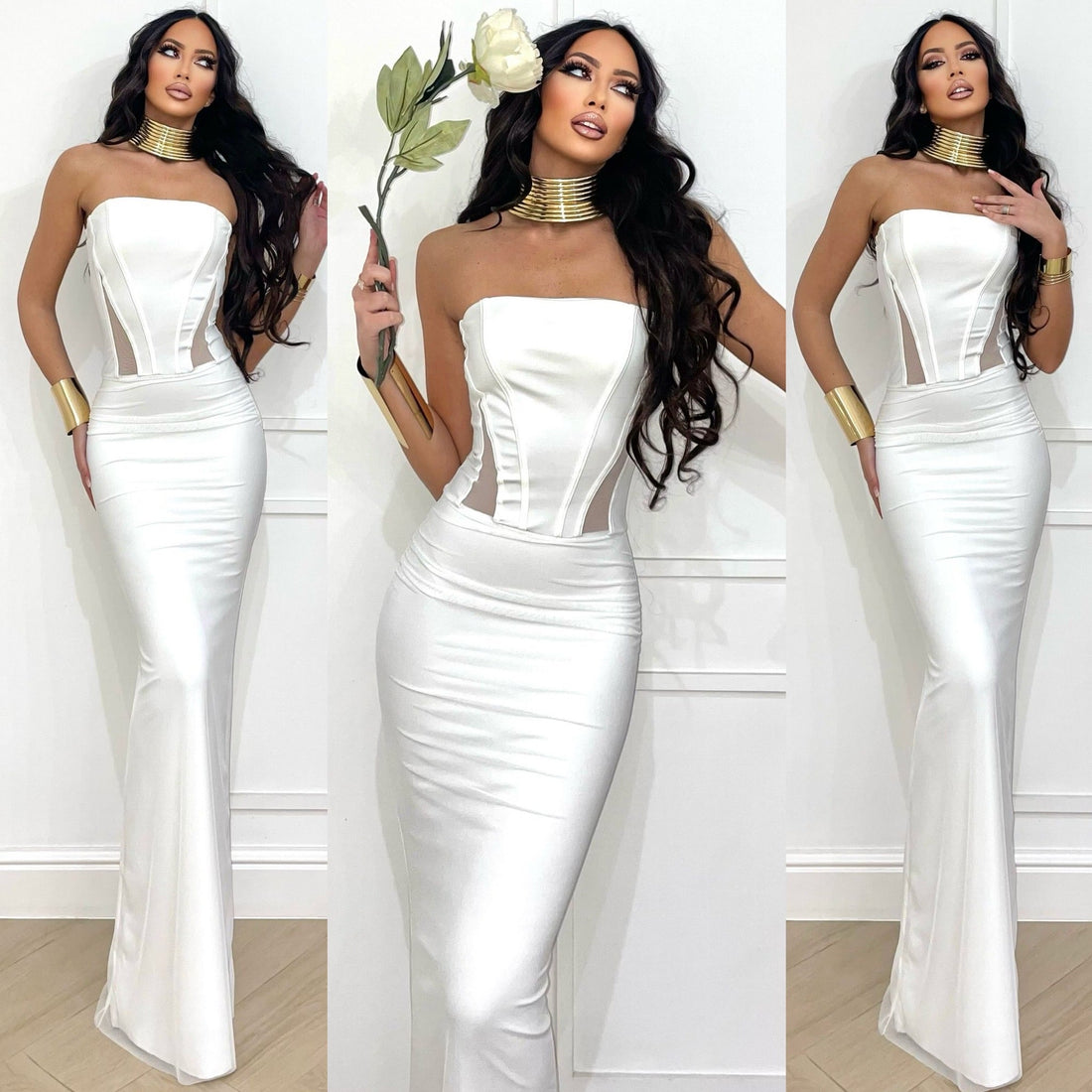 Abito a fascia bustier con gonna in velo bianco