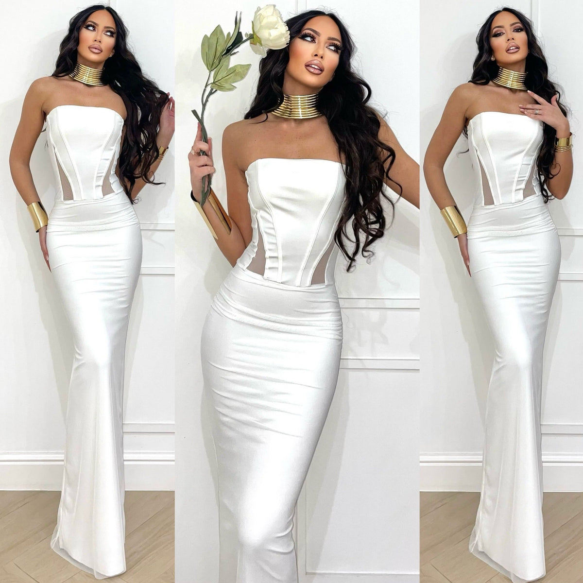 Abito a fascia bustier con gonna in velo bianco