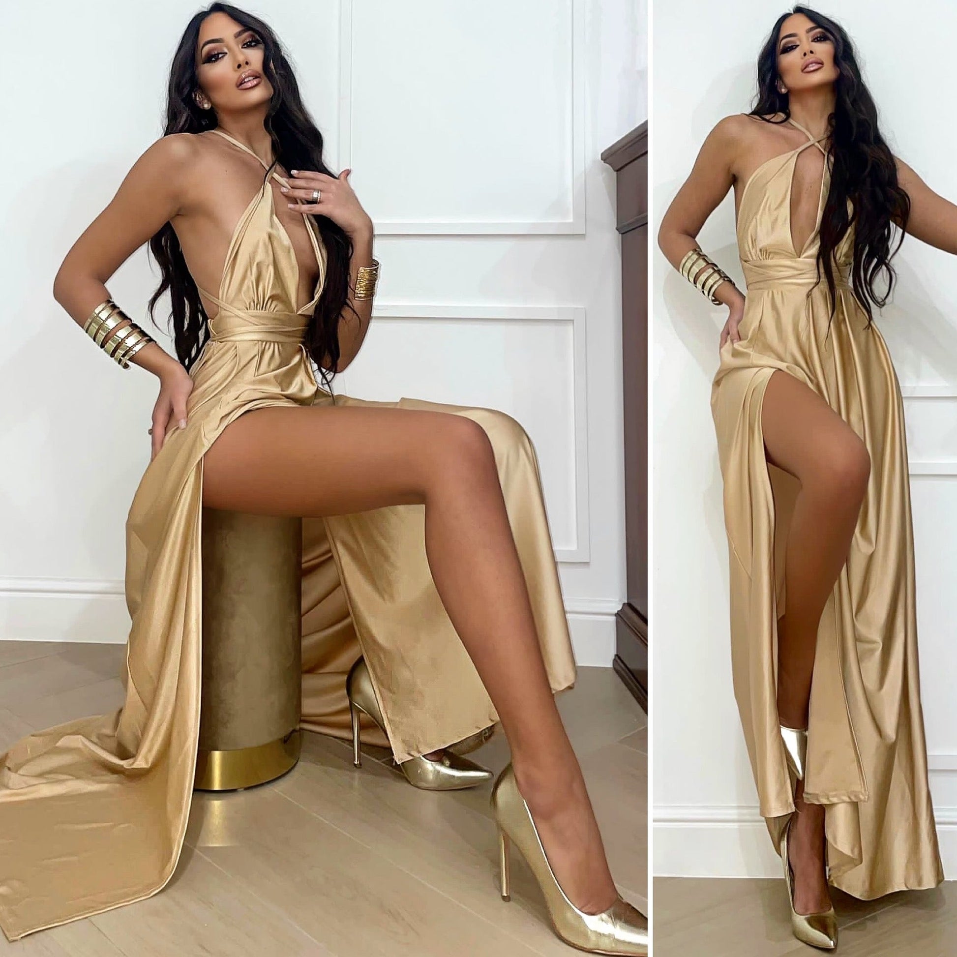 Abito lungo in raso beige