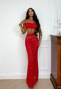 Completo top e gonna in pizzo rosso
