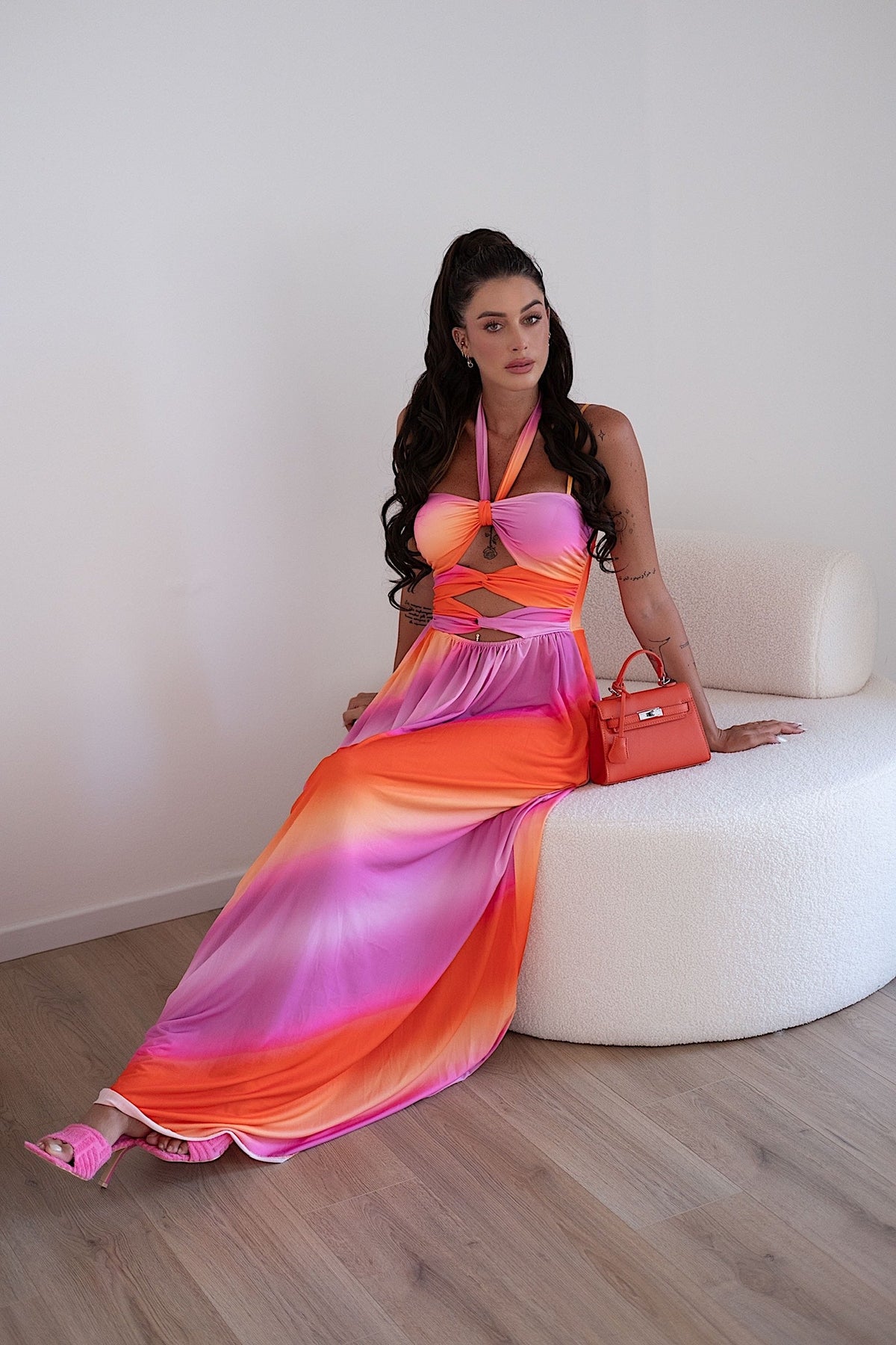 Abito lungo Fuxia arancio con incrocio