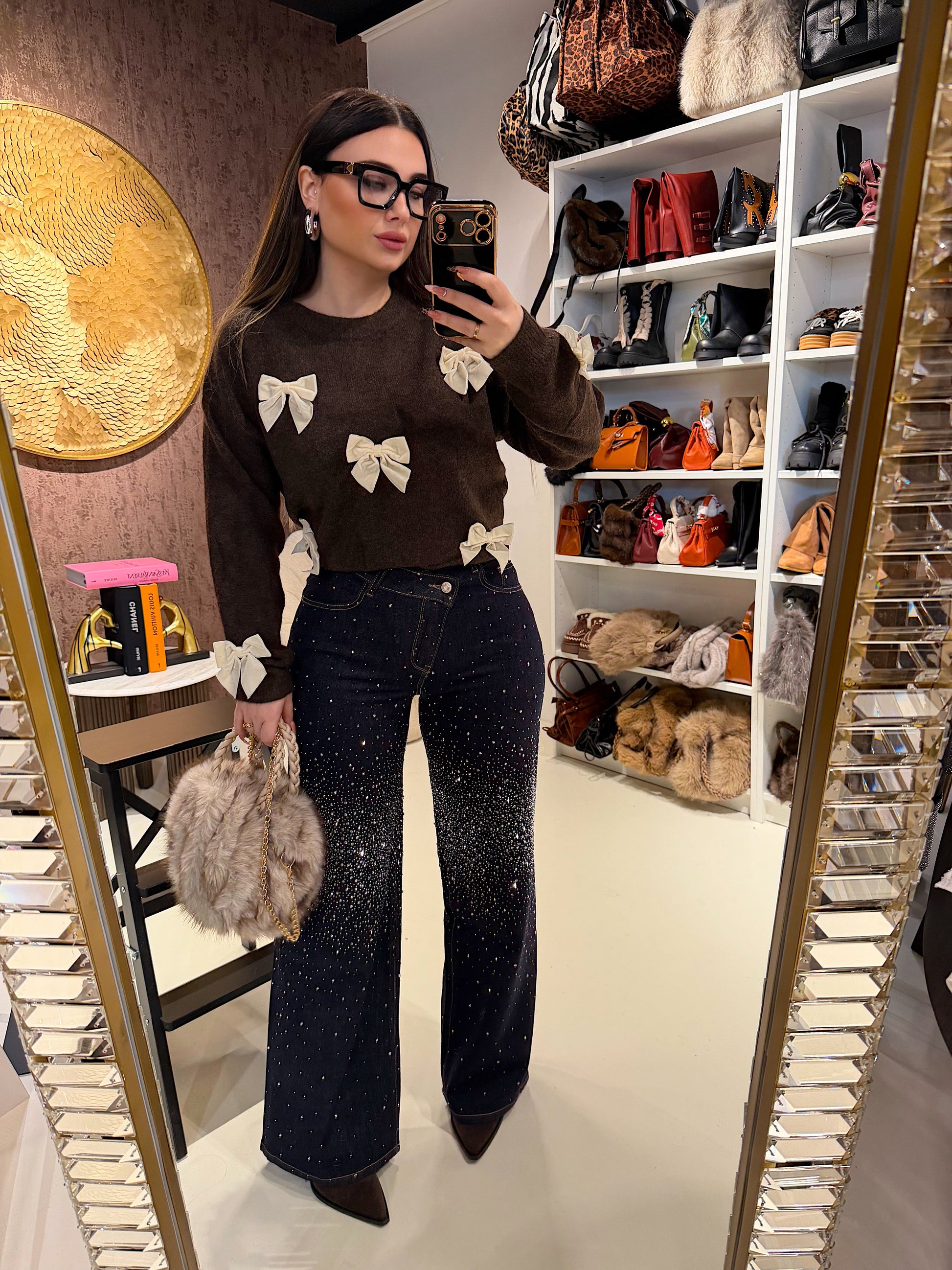 Jeans a Vita Asimmetrica Twist Up con brillantini