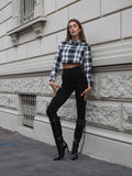 Camicia crop a quadri bianco nero grandi