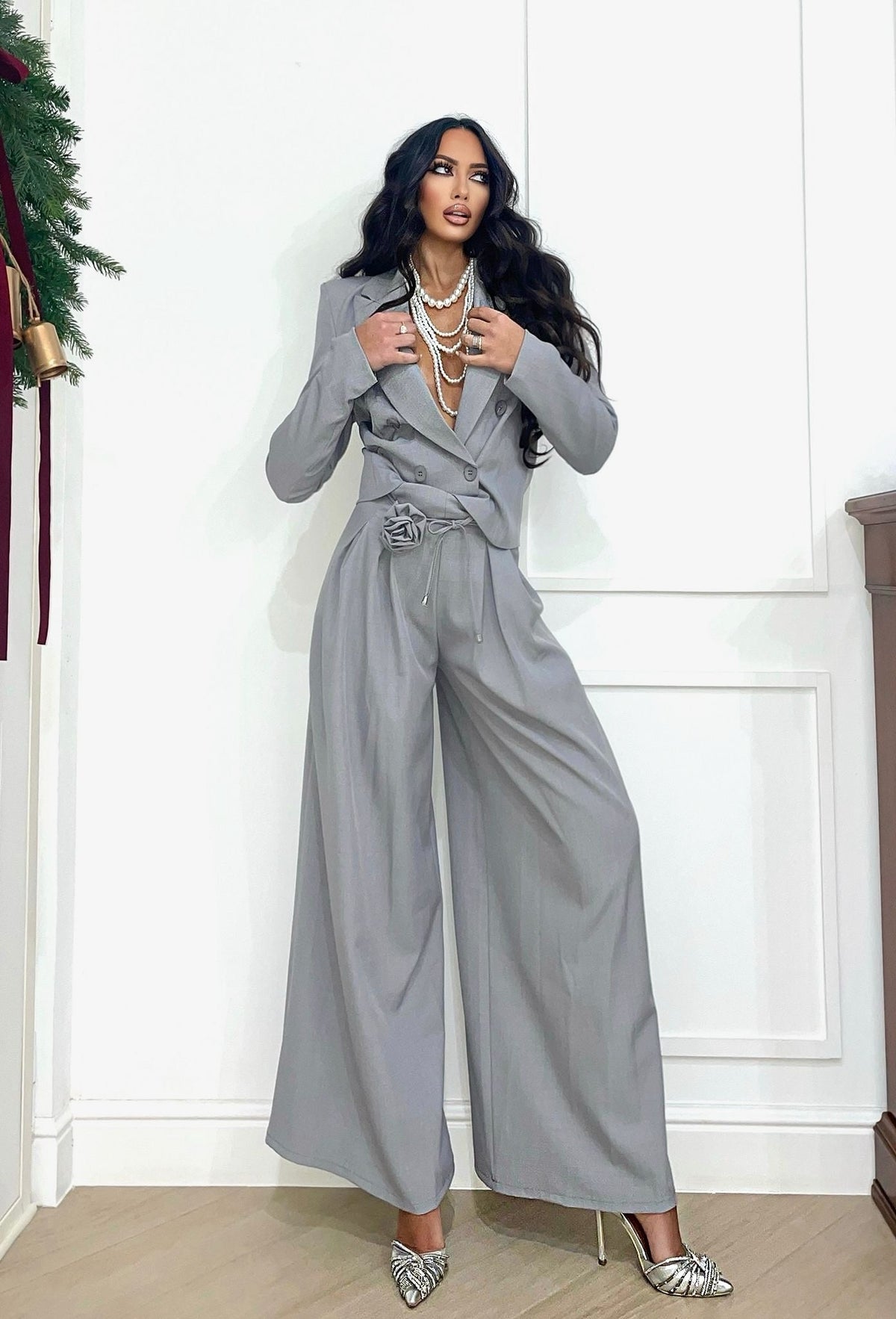 Set pantalone e giacca grigio polvere