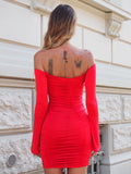 Abito con rose scollo a barca rosso