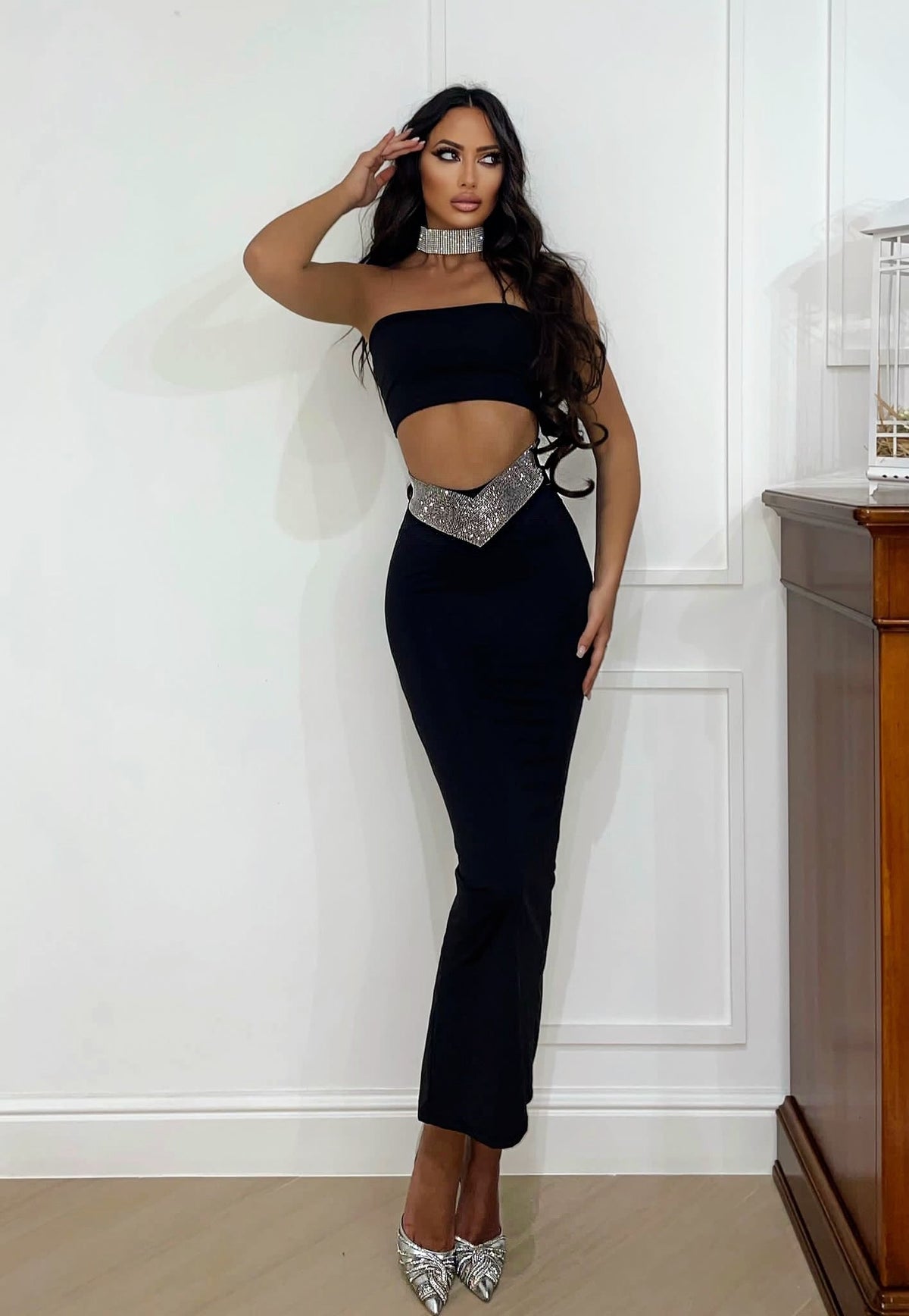Completo top e gonna nero con strass