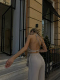 Set tre pezzi camicia top e pantalone beige