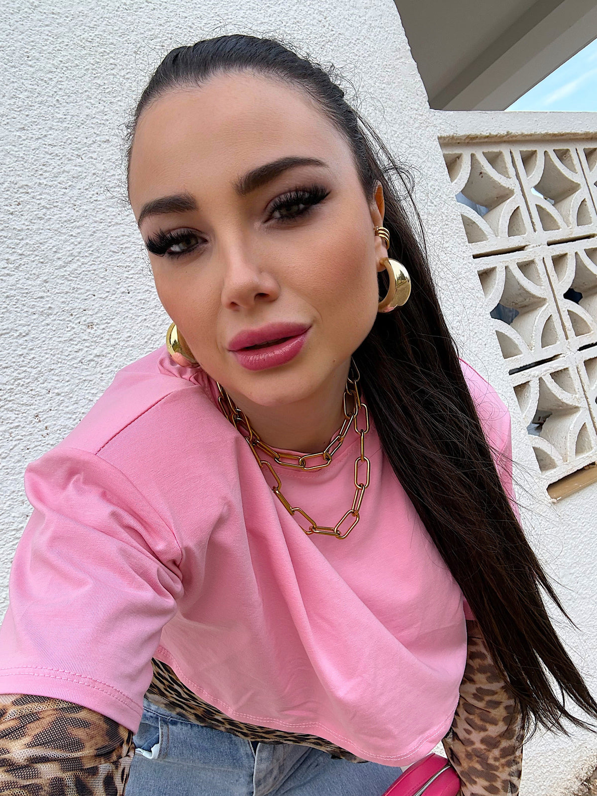 T-shirt crop leo rosa