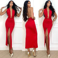 Abito Midi rosso con scollo e dettaglio oro