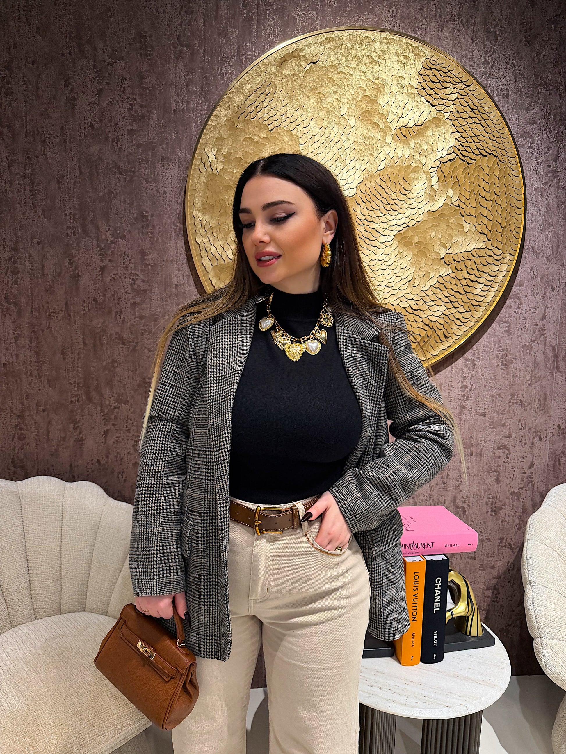 Blazer pied de poule nero beige