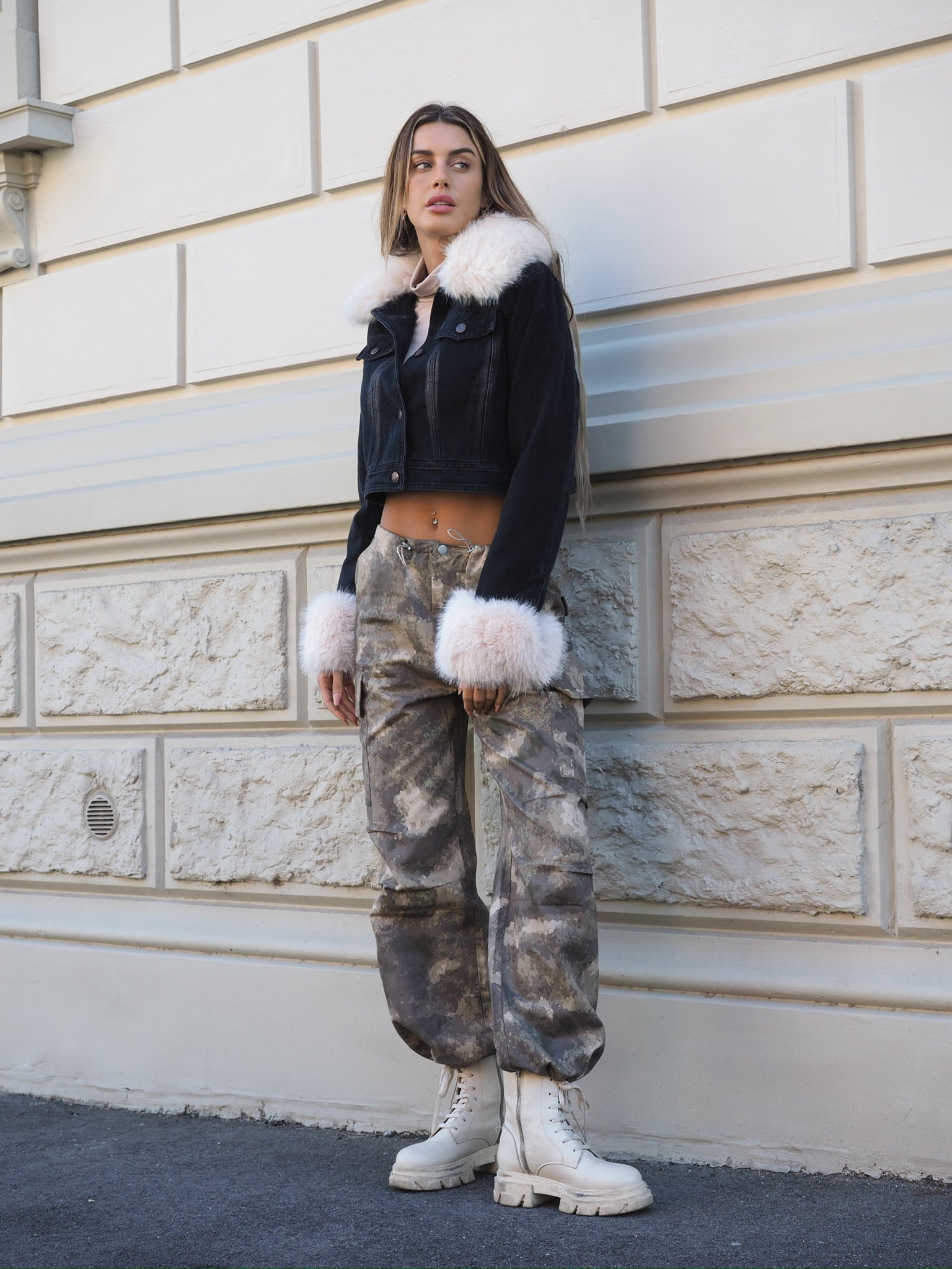 Pantalone cargo military beige