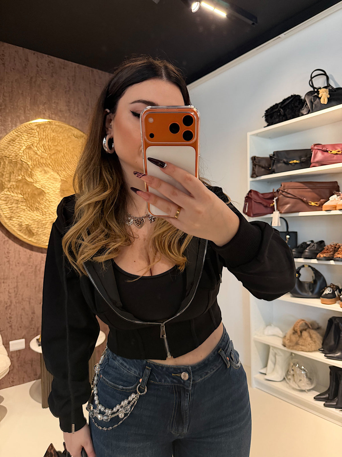 Felpa Cropped con zip e cappuccio