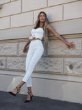 Completo top e pantalone con strass bianco