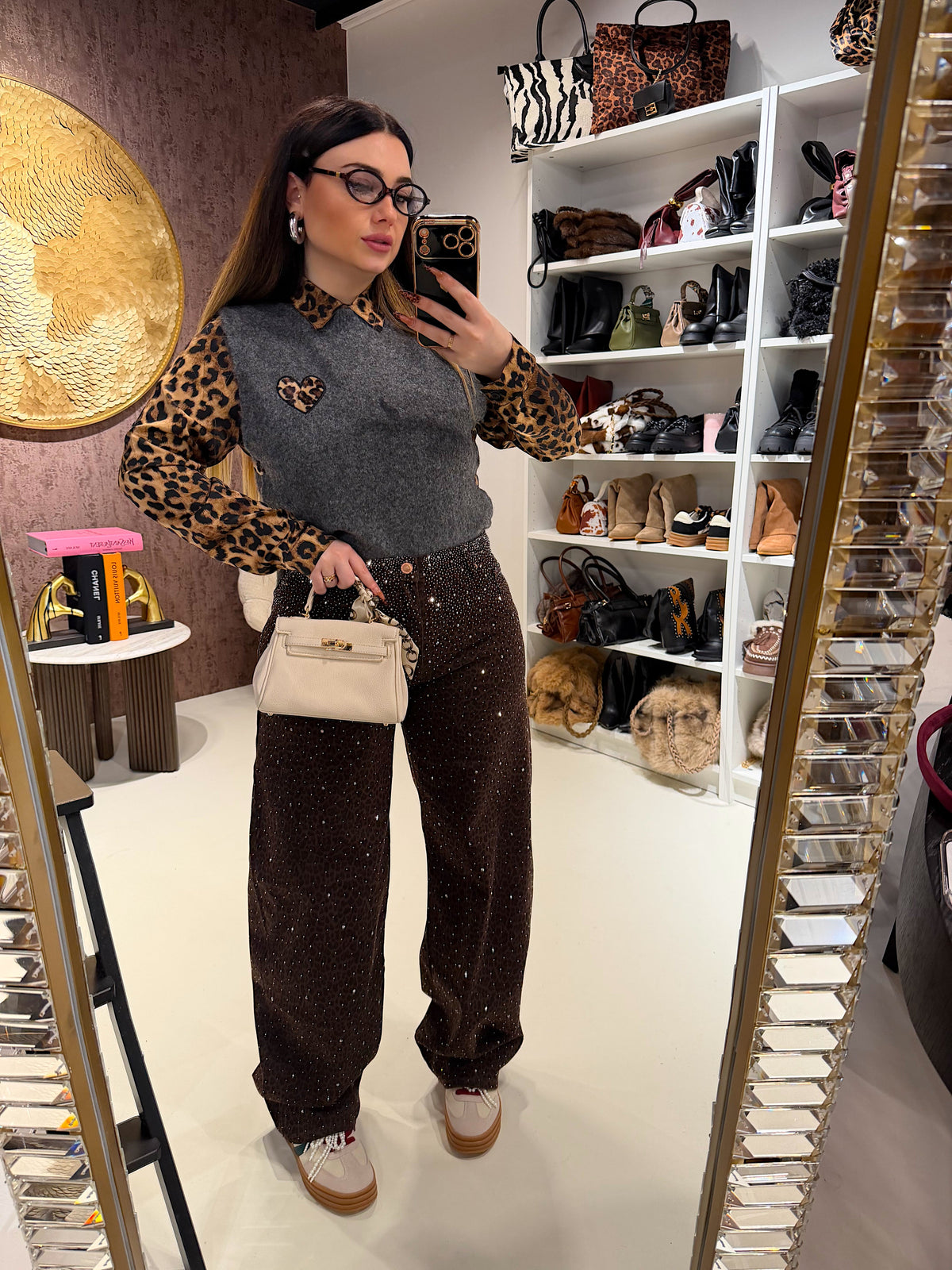 Jeans maculato con strass